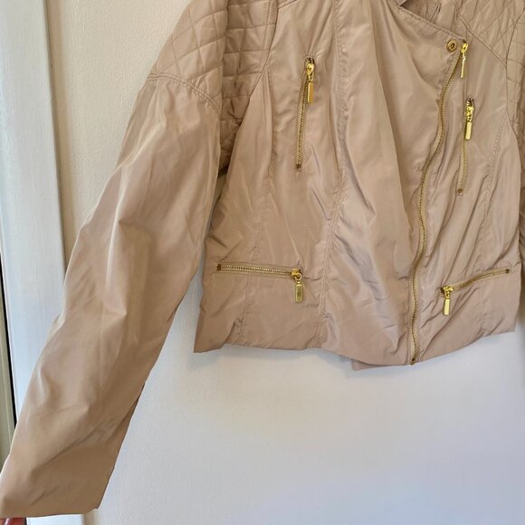 Ellen Tracy Sz Large Cropped Moto Jacket Diagonal Zip Front Quilted Khaki Gold - Picture 2 of 10